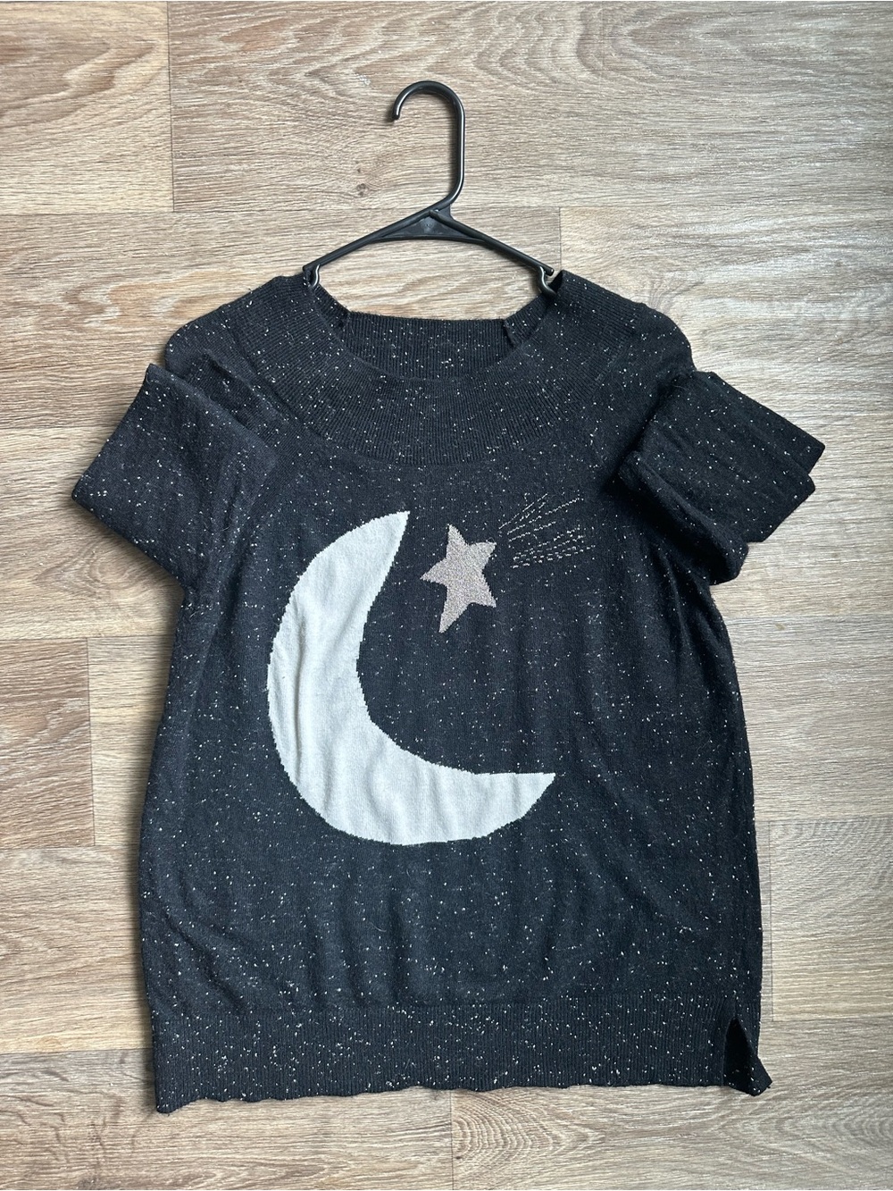 LOFT Celestial Moon and Shooting Star Black Flecked Knit Sweater Medium M